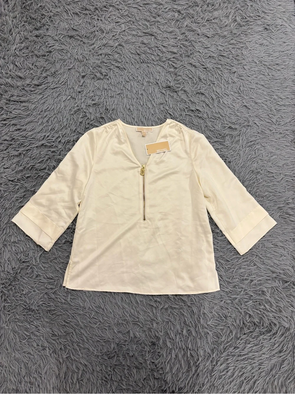 NEW Michael Kors Womens Small Bone White Satin Zip Front Blouse Minimalist Glam